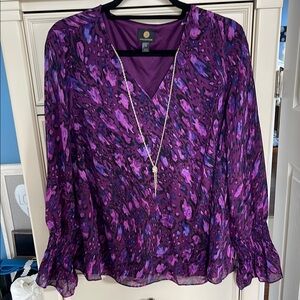 JM Collection Purple Pink Ruffled Long Sleeve Blouse